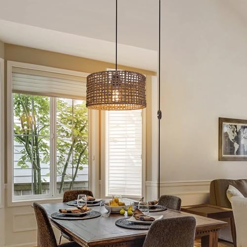 HuisMier Plug in Pendant Light with Hand Woven Rattan Lampshade, Dimmable Hanging Lamp with 15 FT Plug in Cord, Boho Pendant Light Fixture for Bedroom Kitchen Island Dinning Table - color: Beige Drum