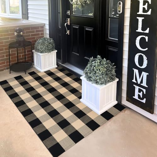 KILOCOCO Buffalo Plaid Checkered Rug - 3x5 Front Door Rug Brown and Black Indoor Cotton Washable Front Porch Layered Doormats for Kitchen/Laundry Room/Farmhouse/Entryway Outdoor - color: Brown and Black, size: 3' x 5' (Rectangular)