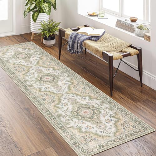 Washable Runner Rug 2'x8',Green Rug Runners Non Slip,Long Boho Rugs for Hallways Kitchen Bathroom Bedroom Entryway,Vintage Bohemian Distressed Floor Carpet,Sage Floral - color: Rug11-green, size: 2'x8'