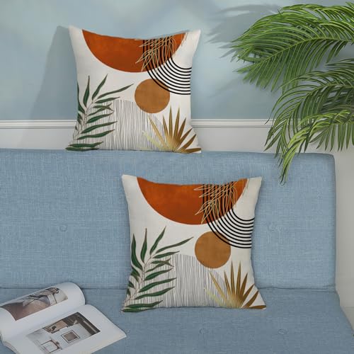 Boho Pillow Covers 16x16 Set of 2 Abstract Green Orange Gold Sunset Throw Pillow Covers Outdoor Decor Mid Century Bohemian Style Tropical Leaf Pillowcase Farmhouse Cushion Case for Home Couch - color: Mid-century-orange, size: 16" x 16" (Pack of 2)