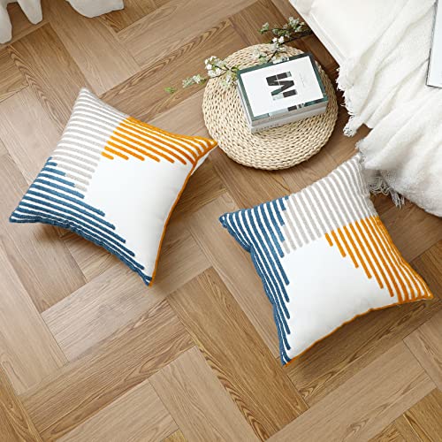 Modern Striped Embroidered Throw Pillow Covers 16x16 Set of 2 Textured Tufted Patterned Cotton Boho Pillow Covers Spring Decorative for Couch Bed Living Room Outdoor Yellow and Blue - color: Yellow and Blue, size: 16" x 16" (Pack of 2)