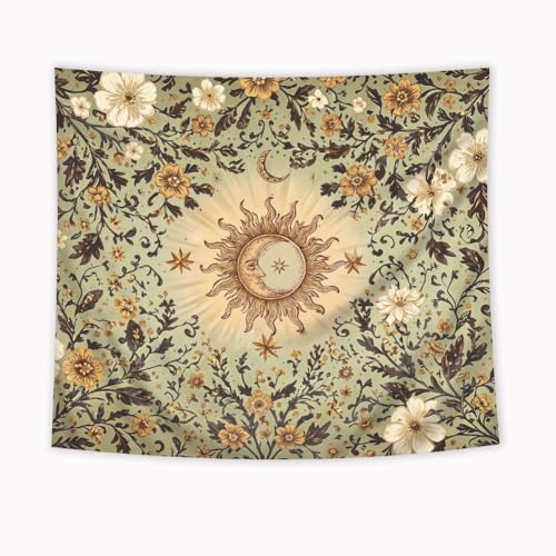Riyidecor Boho Sun and Moon Tapestry 59Wx51H Inch Green Bohemian Whimsical Floral Flower Leaves Plant Vintage Hippie Retro Rustic Wall Hanging Artistic Home Dorm Decor Art Living Room Bedroom - color: A-green, size: 51L" x 59W"