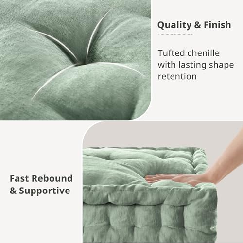 Intelligent Design Floor Pillow - Shredded Foam Filled Meditation & Yoga Cushion, Chenille Tufted, Handsewn Scalloped Edge, Oeko-TEX Certified, Azza, 20" x 20" x 5" Desert Sage - color: Desert Sage