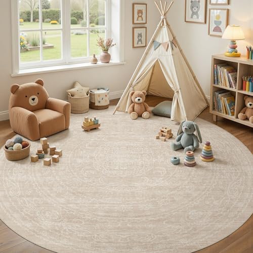 8ft Round Rug Living Room: Washable Large Vintage Neutral Area Rug Non-Slip Soft Stain Resistant Indoor Carpet for Bedroom Nursery Dining Room Under Table Bed Home House Office Playroom - Beige - color: Beige, size: 8' (Round)