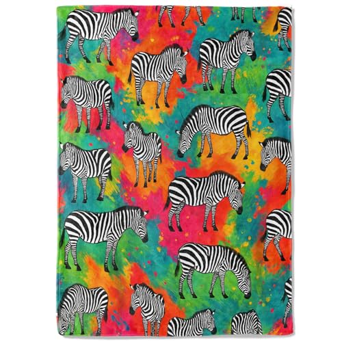 Zebra Fleece Blanket,40x50in,Bold Black White Zebras Neon Rainbow Paint Splash Throw Blankets,Soft Cozy Lightweight, Ideal for Bed Living Room Home Decor,Kids Gifts - color: Zebra, size: 40x50 Inch
