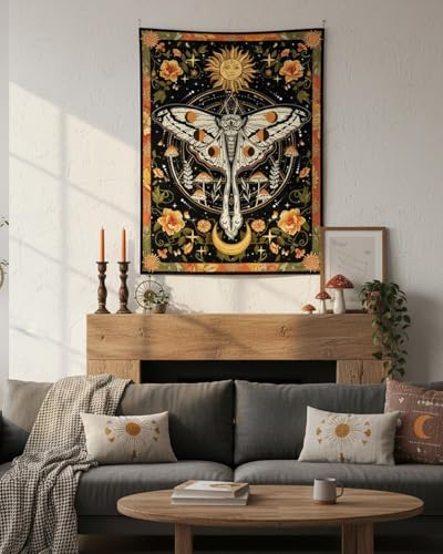 Aipon Orange Moth Tapestry Boho Retro Floral Flowers Tapestries Aesthetic Vintage Mushroom Tapestries for Bedroom Indie Small Tapestry Wall Hanging for Living Room Dorm (30'' × 40'', Orange) - color: Orange, size: 40"L x 30"W