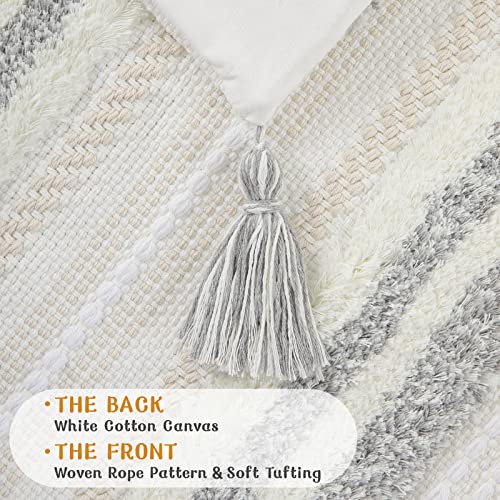 decorUhome Summer Decorative Boho Throw Pillow Covers 18x18 Set of 2, Accent Neutral Textured Tufted Pillow Covers Striped for Couch Bed Sofa Living Room, Light Grey and Cream White - color: Light Grey and Cream White, size: 18" x 18" (Pack of 2)