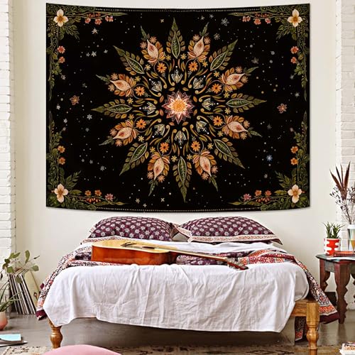 Fowocu Boho Floral Mandala Tapestry for Bedroom Aesthetic Vintage Bohemian Flower Wall Tapestry Black Green Hippie Indian Small Tapestries Wall Hanging for Living Room Dorm Decor 40 x 30 Inch - color: Black Green, size: 40"L x 30"W