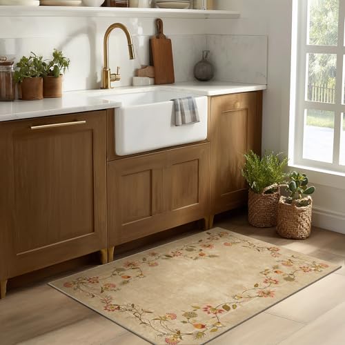 2x3 Washable Small Entryway Rug: Door Mat Indoor Entrance Stain Resistant Non Slip Rubber Backed Low Pile Soft Throw Area Rugs for Bedroom Kitchen Front Door Indoor Entrance Foyer Entry - color: Edge Floral Brown, size: 2' x 3' (Rectangular)