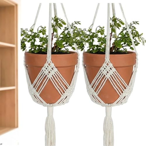 2 Pack Macrame Planter Hanger for up to 8" Pot, Indoor Hanging Planter | Plant Hanger Indoor, Hanging Plants Holder Basket | No Plant or Pot Included - color: Beige