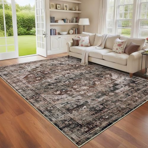 GarveeHome 6x9 Rugs for Living Room Washable Area Rug Non Slip Vintage Rug Low Pile Stain Resistant Distressed Rugs Indoor Floor Cover for Bedroom Home Decor Office Brown - color: Brown, size: 6' x 9' (Rectangular)