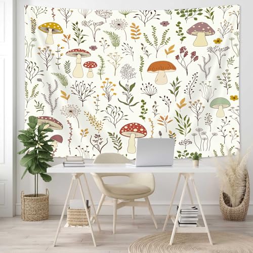 DYNH Mushroom Tapestry, Boho Floral Botanical Green Leaves Wall Hanging,Retro Flowers Country Farm Aesthetic Cottagecore Tapestries for Bedroom Living Room Dorm TV Backdrop,71x60In - color: Beige, size: 71"L x 60"W