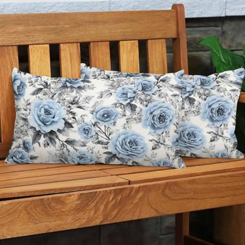 EKOBLA Blue Flowers and Leaves Decorative Throw Pillow Case Watercolor Floral Pattern Ink Painting Waist Lumbar Pillow Covers Cotton Linen Cushion Cover for Sofa Couch 12x20 Inches - color: Multi-bs24, size: 20" x 12" (Pack of 1)