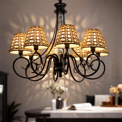 6 Pack Small Rattan Clip on Lamp Shade 4" Top x 6" Bottom x 5" High Boho Shades Natural Rattan Replacement Light Covers Woven Lampshade for Floor Lamps Pendant Light Chandelier Wall Sconces