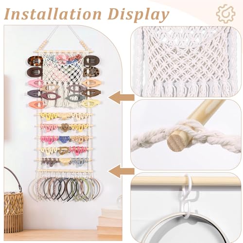 SNOWSTAR Macrame Hair Claw Clip Organizer,Large Capacity Mesh Bag Scrunchies Holder and Hair Ties Organizer for Women Girls,Hair Accessorie Hanging Storage Home Decor Wall,Door - color: Wood