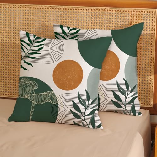 Boho Pillow Covers 18x18 Set of 2 Mid Century Green Orange Sunset Throw Pillow Covers Outdoor Decor Modern Abstract Tropical Leaf Pillowcase Farmhouse Decorative Cushion Cover for Sofa Couch - color: Boho-green-c, size: 18" x 18" (Pack of 2)