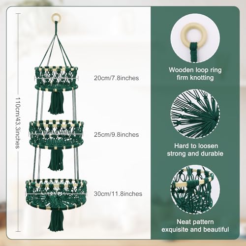3-tier Hanging Fruit Baskets for Kitchen, Woven Cotton Rope Fruit Hammock, Macrame Hanger Holder for Fruit Vegetable Produce Storage & Organization, Boho Hanging Plant Holder fot Indoor Outdoor - color: Dark Green