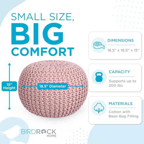BIRDROCK HOME Round Pouf Ottoman Foot Rest - 18.5”x18.5”x15” Boho Compact Comfortable Soft Cotton Braided Foot Stool with Bean Bag Filling for Living Room, Bedroom, or Nursery (Dusty Rose) - color: Dusty Rose