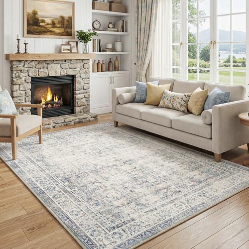 FMFUNCTEX 5x7 Washable Area Rug Blue Neutral Vintage Distressed Oriental Large Non Slip Carpet for Living Room Bedroom Traditional Retro Soft Low Pile Indoor Rugs for Dining Room Office Nursery - color: Blue, size: 5' x 7' (Rectangular)