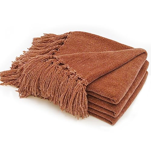 RECYCO Throw Blanket Soft Cozy Chenille Throw Blanket with Fringe Tassel for Couch Sofa Chair Bed Living Room Gift (Rust, 60" x 80") - color: Rust, size: 60'' X 80''