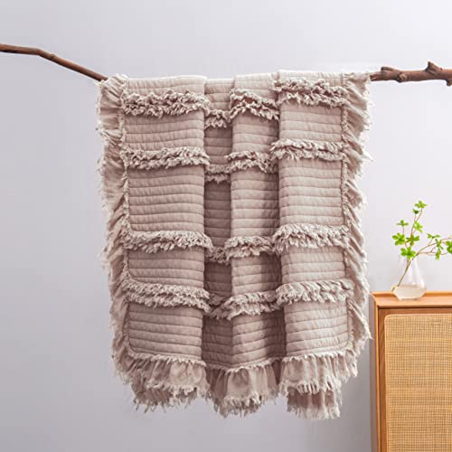 Ultra Soft Pre-Washed Quilted Throw Blanket, Ruffle Fringed Dusty Rose Pink Decorative Throw, Stone Washed Chic Rustic Blanket for Sofa Couch Bed Chair, 50"x 60" - color: Dusty Rose, size: 50"x60"