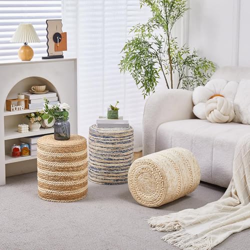 Wimarsbon 2Pcs Pouf Ottomans, Natural Seagrass Foot Stool, Hand Weaving Round Ottoman, Boho Decorative Seat, Jute Braided Pouffe Poof Accent Sitting Footrest for Living Room (Water Hyacinth-White) - color: 14inchwater Hyacinth Braid & White Cotton Rope