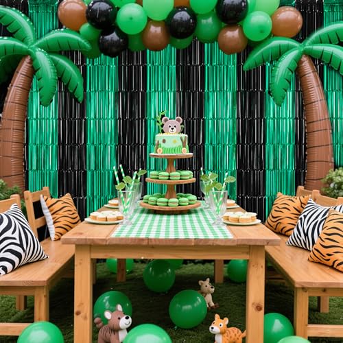 TONIFUL Black and Green Fringe Backdrop Curtain 2026 Graduation Parties 2Pcs 3.3x6.6 ft Metallic Tinsel Foil Fringe Photo Booth Backdrop Door Streamers for Birthday Soccer Themed Party Decorations - color: Black Green