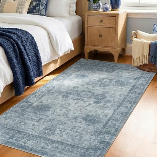 Homemate Washable Rug 3x5 Area Rugs - Vintage Faux Wool Rugs for Living Room Bedroom Dining Room - Non Slip Foldable Carpet Indoor Area Rug for Home Decor（3'x5', Blue - color: Blue, size: 3x5 ft