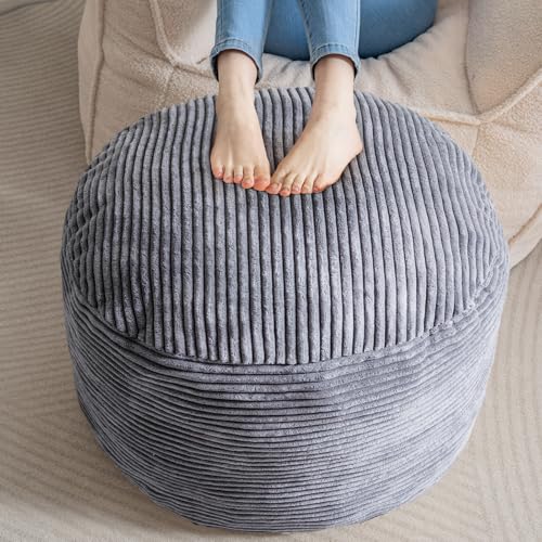 HIGOGOGO Round Stuffed Pouf Ottoman, Corduroy Poufs with Foam Chunk Filling, Furry and Fluffy Pouf Foot Stool Storage Ottoman, 26 X 18 Floor Poufs Foot Rest for Living Room, Dark Grey - color: Dark Grey, size: 26"D x 26"W x 18"H