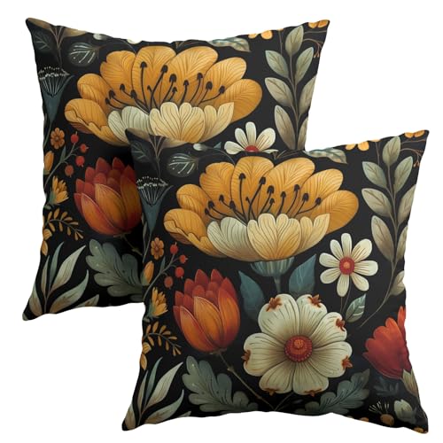 Vintage Boho Floral Pillow Covers 18x18 Inches Yellow Beige Black Throw Pillow Case Set of 2 Spring Flower Pillow Cover Cotton Linen Cushion Cover for Home Couch Sofa Bedroom Livingroom - color: Vintage Boho Floral240413, size: 18" x 18" (Pack of 2)