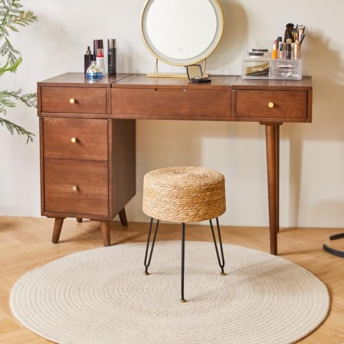 YMYNY Pouf Ottoman, Handmade Natural Water Hyacinth, Pastoral Style Footrest, Footstool with 4 Metal Legs Round Vanity Stool for Bedroom, Hallway, Living Room 12.59"L×12.59"W×17.71"H Natural UHBD029N - color: Natural Color