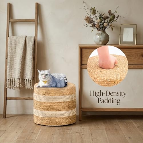 Handmade Water Hyacinth Ottoman - 17.7" Round Woven Foot Stool with High-Density Padding - Decorative Straw Pouf for Living Room & Bedroom, Boho Floor Seating & Small Tea Table, White