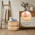 Handmade Water Hyacinth Ottoman - 17.7" Round Woven Foot Stool with High-Density Padding - Decorative Straw Pouf for Living Room & Bedroom, Boho Floor Seating & Small Tea Table, White