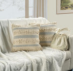 GRUHUM Handmade Boho Throw Pillow Covers Bohemian Chic Farmhouse Style, Accent Woven Indoor & Outdoor Pillow Cushion Cases for Couch, Bed, Chair, Sofa, Bench, Home Decor – Set of 2, 18"x18" - Cream
