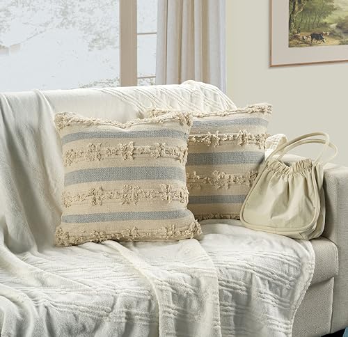 GRUHUM Handmade Boho Throw Pillow Covers Bohemian Chic Farmhouse Style, Accent Woven Indoor & Outdoor Pillow Cushion Cases for Couch, Bed, Chair, Sofa, Bench, Home Decor – Set of 2, 18"x18" - Cream