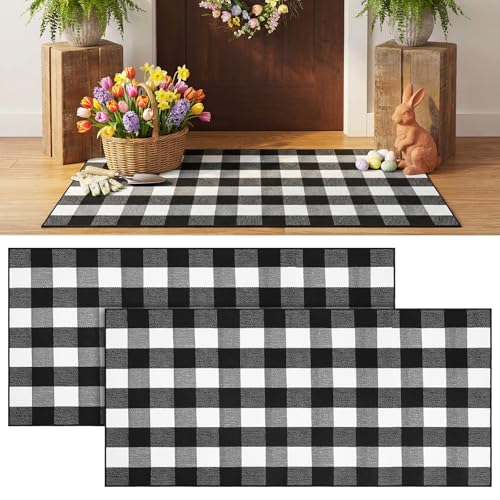 Drydiet 2 Pcs Black and White Buffalo Plaid Rug 2.3 x 3.6 ft Outdoor Front Door Rug Cotton Spring Decor Washable Doormat Modern and Simple Farmhouse Layering Mats for Front Porch Home Entryway Decor