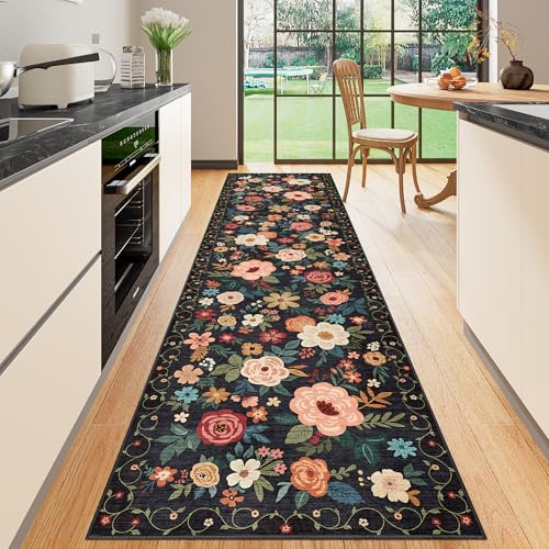 DUKINO Runner Rug for Hallway, 2.6x10 Washable Floral Long Kitchen Rug with Non Slip Backing, Boho Lightweight & Stain Resistant Soft Runners for Indoor Entrance, Laundry, Living Room, Bedroom, Black - color: Black, size: 2'6" x 10' (Rectangular)