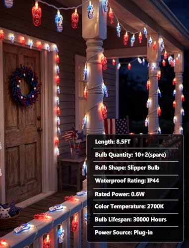 8.5Ft LED Tropical Beach Flip Flop String Lights, 4th of July American Flag Slipper Lights Plug in with 10 Bulbs, Independence Day Decoration Lights for Patriotic Party Festival National Day, White - color: Red White Blue Slipper