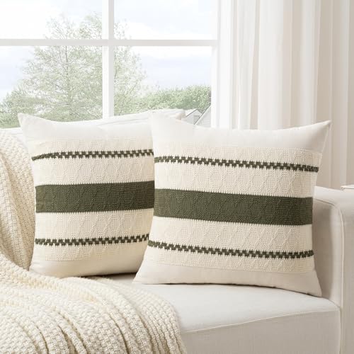 Fancy Homi Set of 1 Boho Olive Green Decorative Throw Pillow Cover 16x16 Inch for Couch Bed Sofa, Aesthetic Modern Organic Farmhouse Home Decor, Soft Cotton Cute Accent Macrame Woven Cushion Case - color: Olive Green, size: 16" x 16" (Pack of 1)