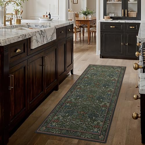Bavni Boho Floral Kitchen Runner Rug 2x7, Washable Non Slip Thin Carpet for Hallway Bathroom Laundry Room, Ultra Soft Botanical Runner for Entryway, Modern Indoor Floor Decor, Dark Green - color: Dark Green, size: 2' x 7' (Rectangular)