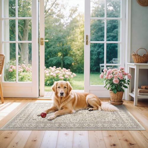 Washable 2x4 Runner Rug for Entryway: Non Slip Kitchen Rugs with Rubber Backing Soft Pet-Friendly Mats Stain Resistant Low Pile Carpet for Hallway Bedroom Bathroom Laundry Home Decor Beige/Gray - color: Beige/Gray, size: 2' x 4' (Rectangular)