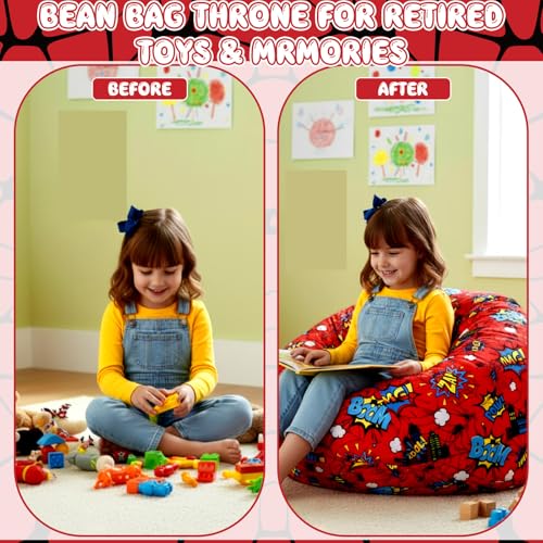 Boao 27'' Large Spider Kids Bean Bag Chairs Cover (No Filling) Washable Stuffed Animal Storage Beanbag Chair for Kids Canvas Bean Bag Cover with Zipper for Boys Organizing Plush Toys Textile Sack - color: Cartoon Spider, size: 27 Inches