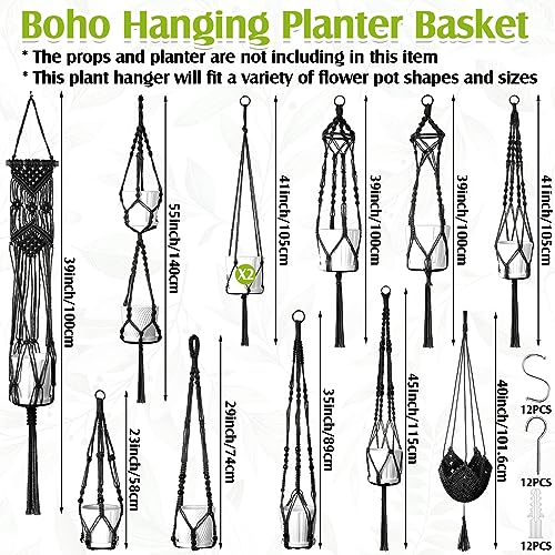 Hoteam 12 Pcs Macrame Plant Hangers Macrame Hanging Planters for Indoor Plants Handmade Boho Hanging Baskets Flower Pots Holder for Outdoor Home Wall Decor - color: Black