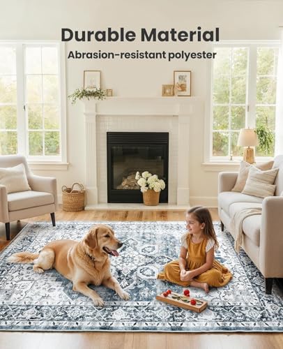AMADA HOMEFURNISHING 6x9 Area Rugs, Blue Low-Profile Washable Rug with Non-Slip Backing & Durable Edge Binding, Vintage Rugs for Living Room, Bedroom, Dinning Room - color: Blue, size: 6' x 9' (Rectangular)