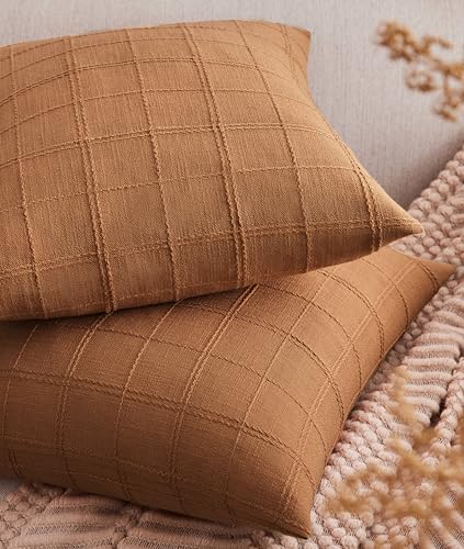ZeeMart Linen Checked Throw Pillow Covers Set of 2, 22x22 Inch Allover Grid Caramel, Farmhouse Decorative Double Sided Grid Embroidered Couch Pillow Cases Burnt Orange Cotton Linen Cushion Covers ﻿ - color: Allover Grid Caramel, size: 22" x 22" (Pack of 2