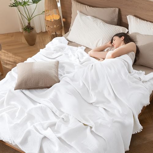 MooMee Muslin Blanket - 100% Cotton 4-Layer Gauze Throw Blanket with All-Around Fringe, Soft Breathable Lightweight Cooling Summer Blankets for Bed Couch (Bright White,Throw 60" x 50") - color: Bright White, size: Throw