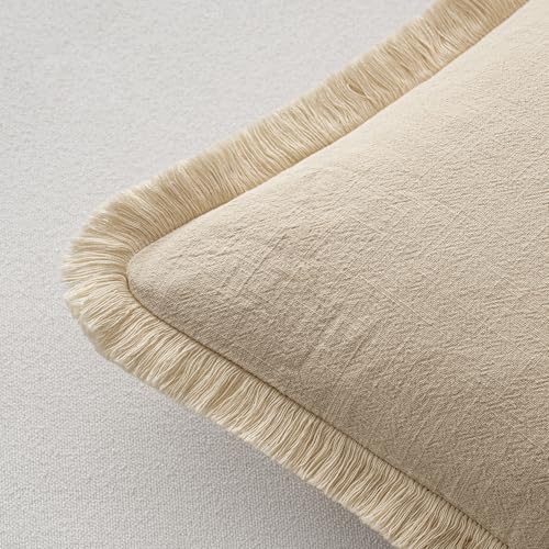 MIULEE Decorative Throw Pillow Covers Neutral Linen Fringe Throw Pillows Set of 2 Beige Boho Farmhouse Cushion Covers with Tassels for Couch Sofa Bed Living Room Spring Home Decor 18x18 Inch - color: Beige, size: 18" x 18" (Pack of 2)