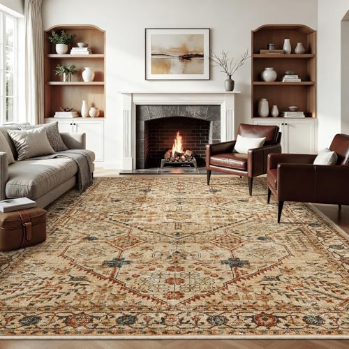 Joydeco 8x10 Area Rugs for Living Room, Non Slip Machine Washable Vintage Rug, Low Pile Chenille Print Rugs for Bedroom, Dining Room, Home Office, Pet & Child Friendly, Tan - color: Tan, size: 8' x 10' (Rectangular)