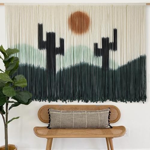 Macrame Wall Hanging Green Cactus Wall Decor Macrame Wall Decor 57" W x 35" L Dip-Dye Large Yarn Tapestry Fiber Art Home Decor - color: Green1