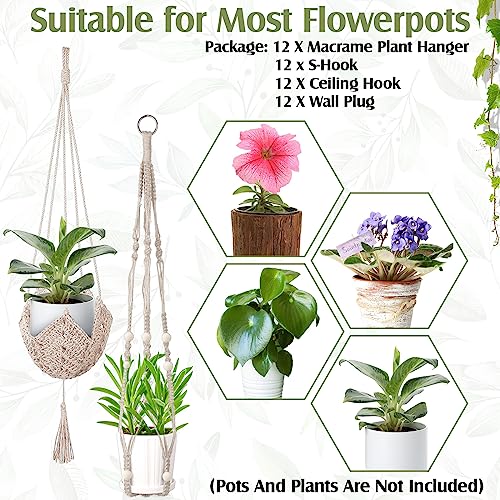 Hoteam 12 Pcs Macrame Plant Hangers Macrame Hanging Planters for Indoor Plants Handmade Boho Hanging Baskets Flower Pots Holder for Outdoor Home Wall Decor - color: White